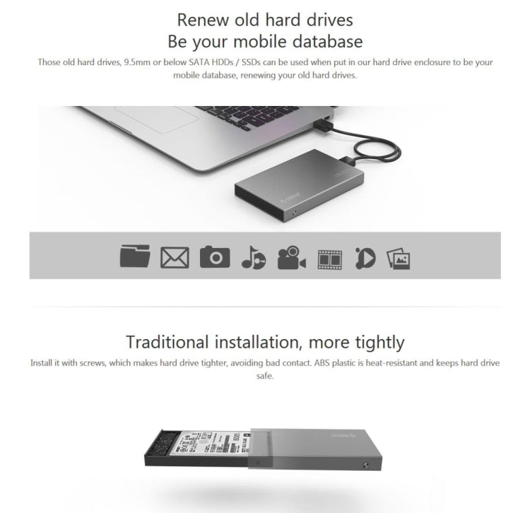 ORICO 2518S3 USB3.0 External Hard Disk Box Storage Case for 7mm & 9.5mm 2.5 inch SATA HDD / SSD (Grey)