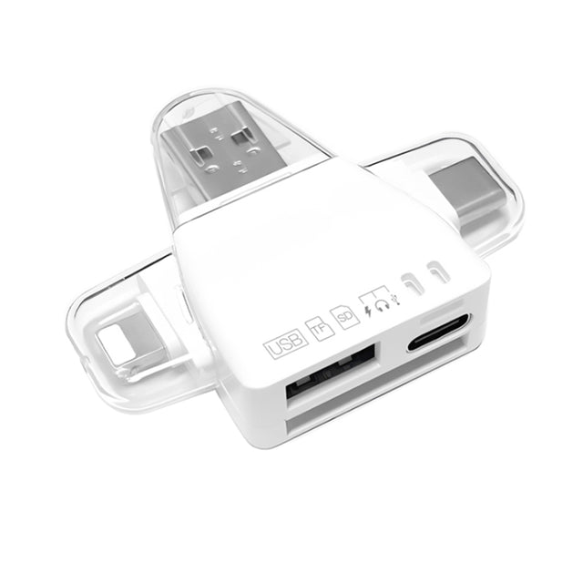 7 in 1 Card Reader USB + Type-C + 8 Pin + TF Card + SD Card + Earphone Adapter (White)