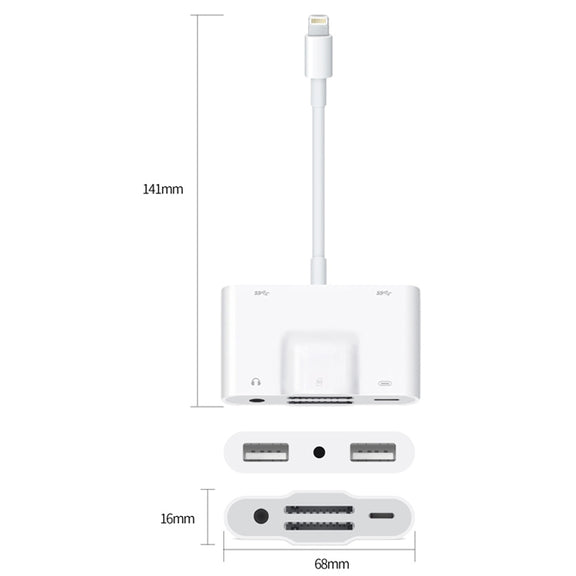 NK-1042 6 in 1 8 Pin Male to Dual USB + Dual SD Card + 3.5mm Audio Interface + 8 Pin Charging Interface Female Port Camera Adapter