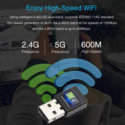 AC600Mbps 2.4GHz & 5GHz Dual Band USB 2.0 WiFi Free Drive Adapter External Network Card
