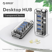 ORICO F4U 4 x USB 3.0 Ports 5Gbps Fast Transmission Desktop HUB with Blue LED Indicator Light(Transparent)