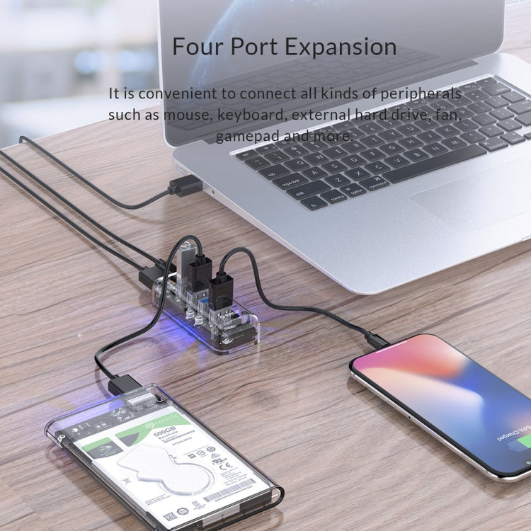 ORICO F4U 4 x USB 3.0 Ports 5Gbps Fast Transmission Desktop HUB with Blue LED Indicator Light(Transparent)
