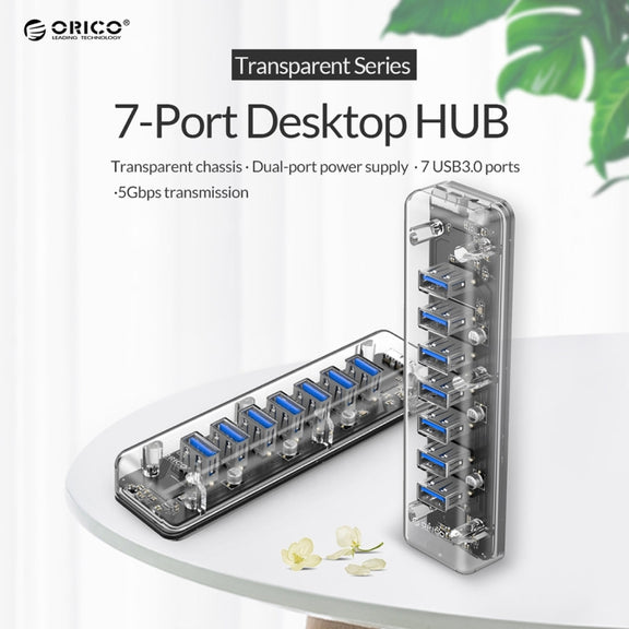 ORICO F7U 7 x USB 3.0 Ports 5Gbps Fast Transmission Desktop HUB with Blue LED Indicator Light (Transparent)