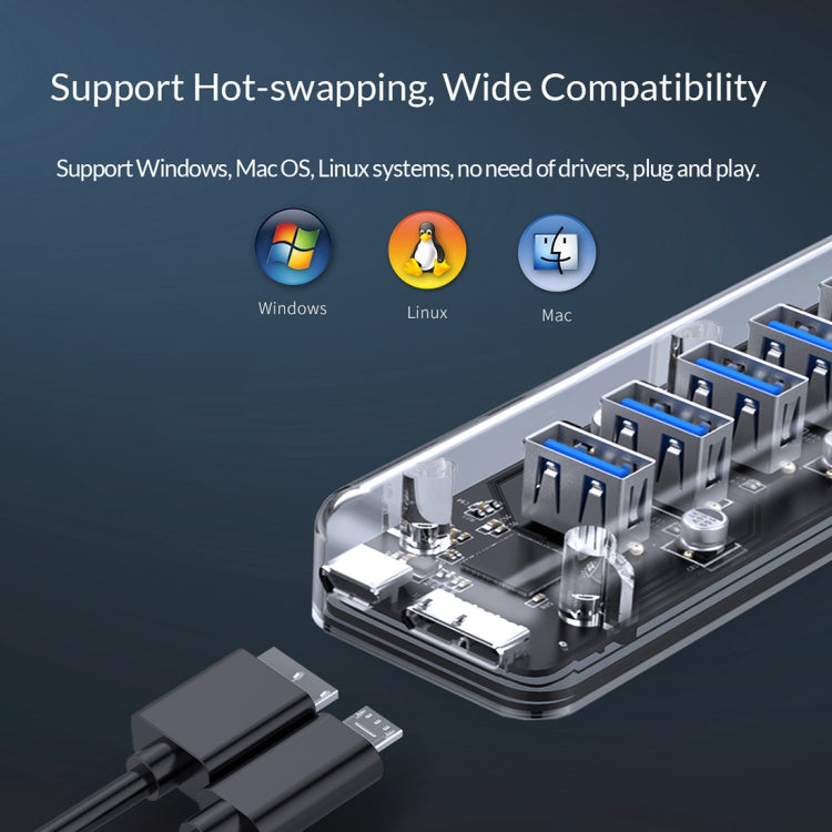 ORICO F7U 7 x USB 3.0 Ports 5Gbps Fast Transmission Desktop HUB with Blue LED Indicator Light (Transparent)