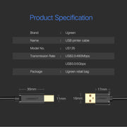 UGREEN USB 3.0 Type A Male to Type B Male Gold-plated Printer Cable Data Cable, For Canon, Epson, HP, Cable Length: 1m