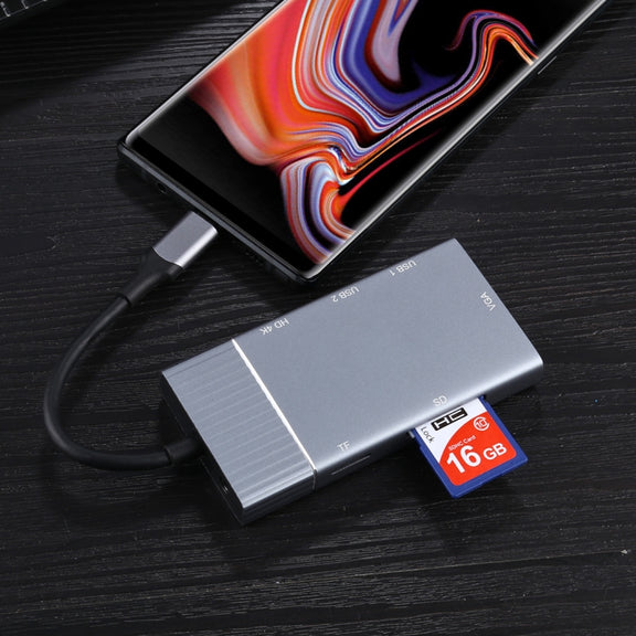 7 In 1 Dual USB 3.0 + TF/SD + HDMI/VGA + 3.5mm Jack + Type-C / USB-C Multi-function USB-C Dock Station