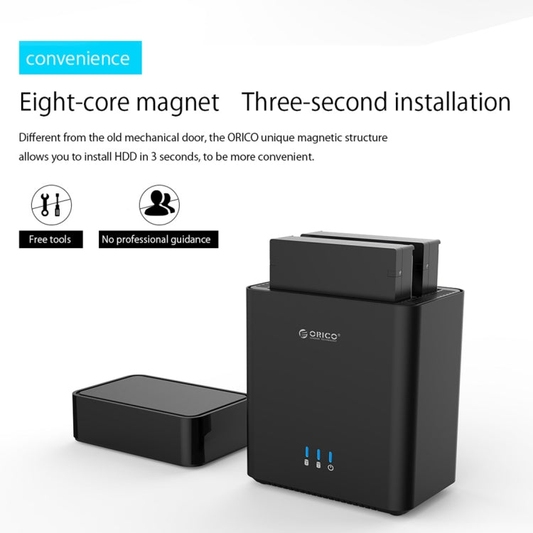 ORICO DS200C3 3.5 inch 2 Bay Magnetic-type USB-C / Type-C Hard Drive Enclosure with Blue LED Indicator(Black)