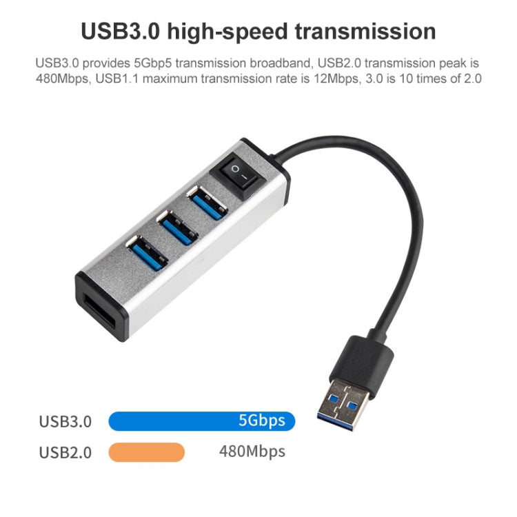 USB to 4 USB 3.0 Ports Aluminum Alloy HUB with Switch(Silver) - USB 3.0 HUB by PMC TechLife | Online Shopping South Africa | PMC TechLife | Buy Now Pay Later Mobicred