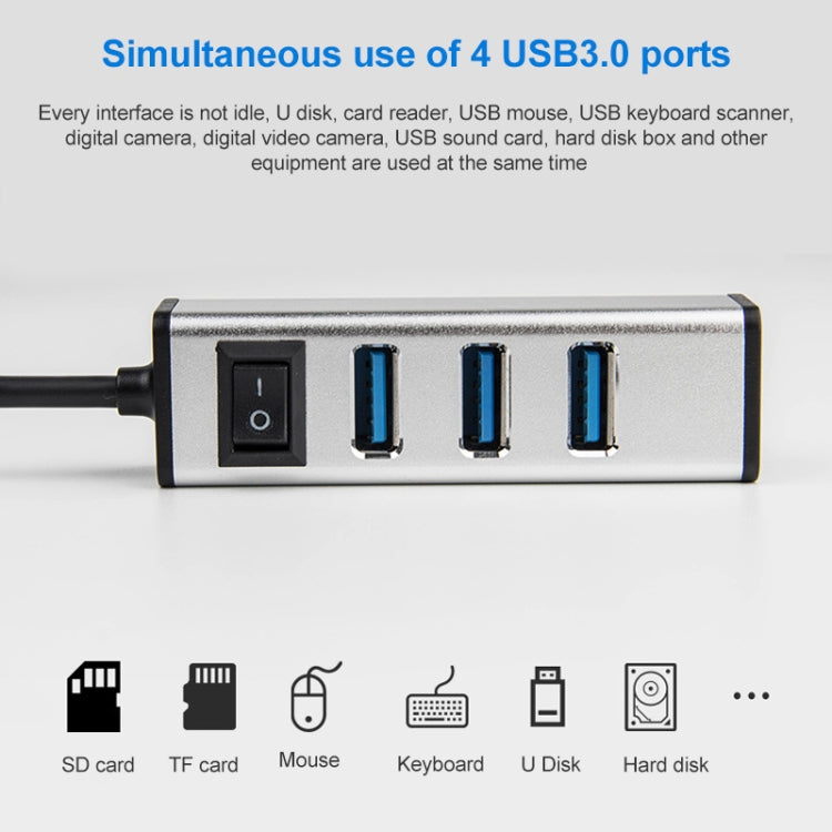 USB to 4 USB 3.0 Ports Aluminum Alloy HUB with Switch(Silver) - USB 3.0 HUB by PMC Jewellery | Online Shopping South Africa | PMC Jewellery | Buy Now Pay Later Mobicred