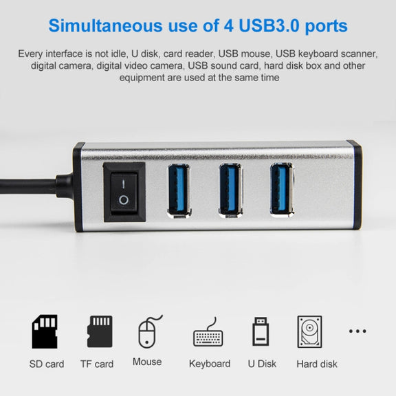 USB to 4 USB 3.0 Ports Aluminum Alloy HUB with Switch(Grey)