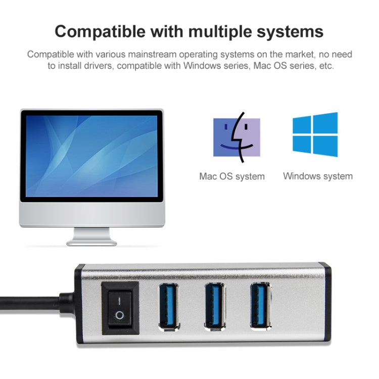 USB to 4 USB 3.0 Ports Aluminum Alloy HUB with Switch(Grey) - USB 3.0 HUB by PMC Jewellery | Online Shopping South Africa | PMC Jewellery | Buy Now Pay Later Mobicred