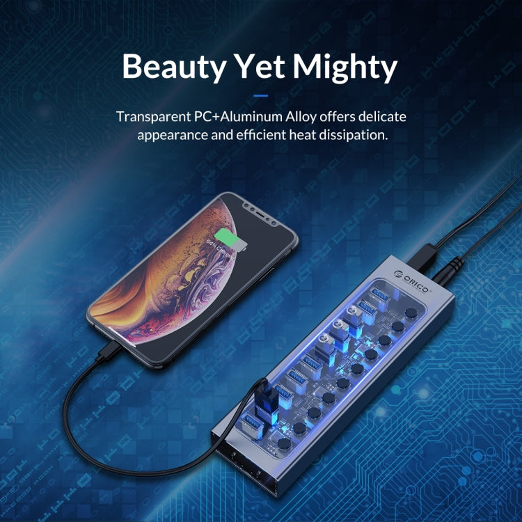 ORICO AT2U3-13AB-GY-BP 13 Ports USB 3.0 HUB with Individual Switches & Blue LED Indicator, UK Plug