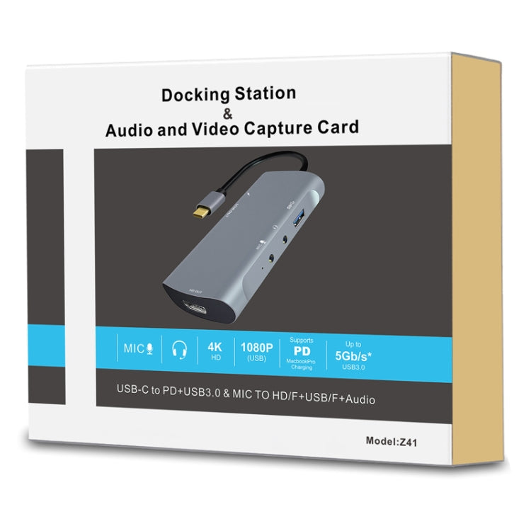 Z41 6 in 1 USB-C / Type-C to PD USB-C / Type-C + HD HDMI + USB 3.0 + 3.5mm AUX + USB + Microphone Interface Multifunctional Docking Station Video Capture Card (Grey)