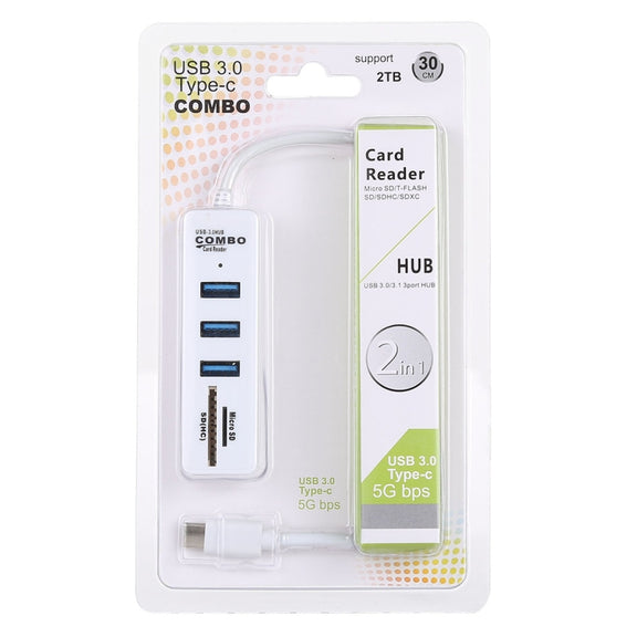 2 in 1 TF / SD Card Reader + 3 x USB 3.0 Ports to USB-C / Type-C HUB Converter, Cable Length: 26cm (White)