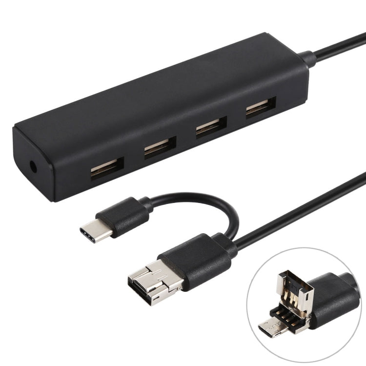 3 in 1 USB-C / Type-C + Micro USB + 4 x USB 2.0 Ports HUB Converter, Cable Length: 12cm(Black) - USB 2.0 HUB by PMC TechLife | Online Shopping South Africa | PMC TechLife | Buy Now Pay Later Mobicred