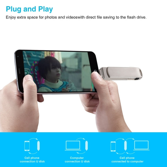 3 in 1 64G USB + 8 Pin + Type-C Metal Rotating Push-pull Flash Disk with OTG Function (Silver)