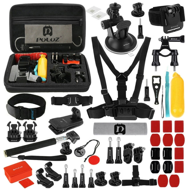 PULUZ 53 in 1 Accessories Total Ultimate Combo Kits with EVA Case (Chest Strap + Suction Cup Mount + 3-Way Pivot Arms + J-Hook Buckle + Wrist Strap + Helmet Strap + Extendable Monopod + Surface Mounts ...  for GoPro, Insta360, DJI and Other Action Cameras