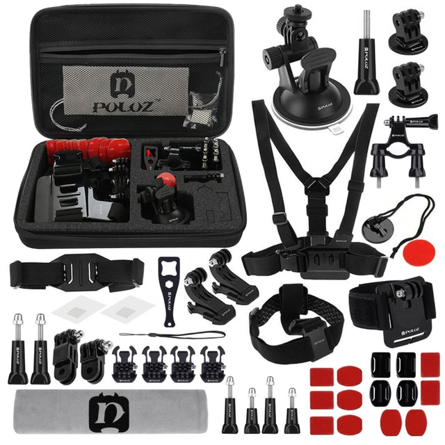 PULUZ 45 in 1 Accessories Ultimate Combo Kits with EVA Case (Chest Strap + Suction Cup Mount + 3-Way Pivot Arms + J-Hook Buckle + Wrist Strap + Helmet Strap + Surface Mounts + Tripod Adapter + Storage ...  for GoPro, Insta360, DJI and Other Action Cameras