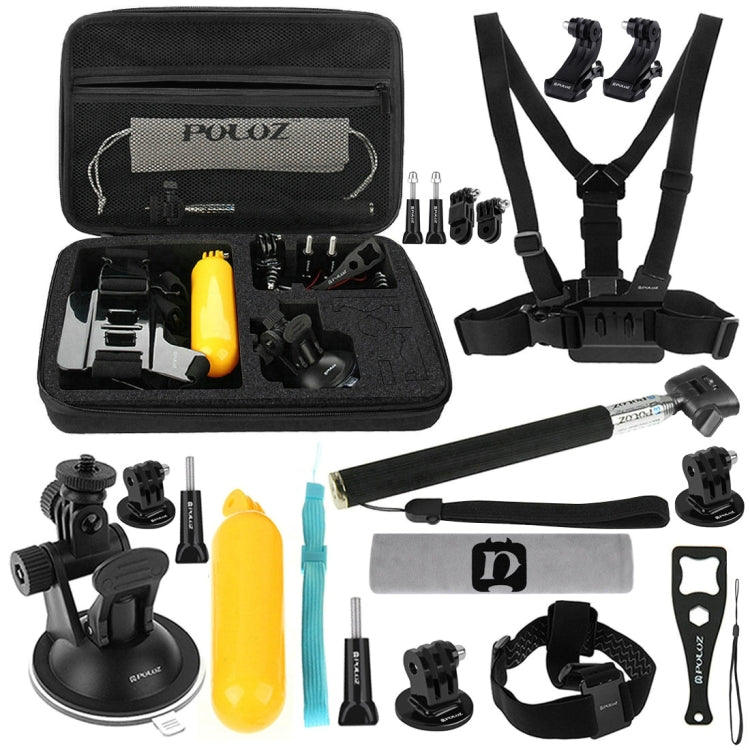 PULUZ 20 in 1 Accessories Combo Kits with EVA Case (Chest Strap + Head Strap + Suction Cup Mount + 3-Way Pivot Arm + J-Hook Buckles + Extendable Monopod + Tripod Adapter + Bobber Hand Grip + Storage B ...  for GoPro, Insta360, DJI and Other Action Cameras