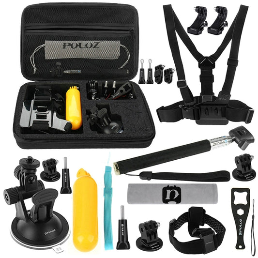 PULUZ 20 in 1 Accessories Combo Kits with EVA Case (Chest Strap + Head Strap + Suction Cup Mount + 3-Way Pivot Arm + J-Hook Buckles + Extendable Monopod + Tripod Adapter + Bobber Hand Grip + Storage B ...  for GoPro, Insta360, DJI and Other Action Cameras - free shipping - PMC Jewellery - Order now!