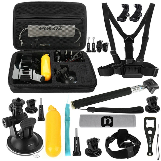 PULUZ 20 in 1 Accessories Combo Kits with EVA Case (Chest Strap + Head Strap + Suction Cup Mount + 3-Way Pivot Arm + J-Hook Buckles + Extendable Monopod + Tripod Adapter + Bobber Hand Grip + Storage B ...  for GoPro, Insta360, DJI and Other Action Cameras