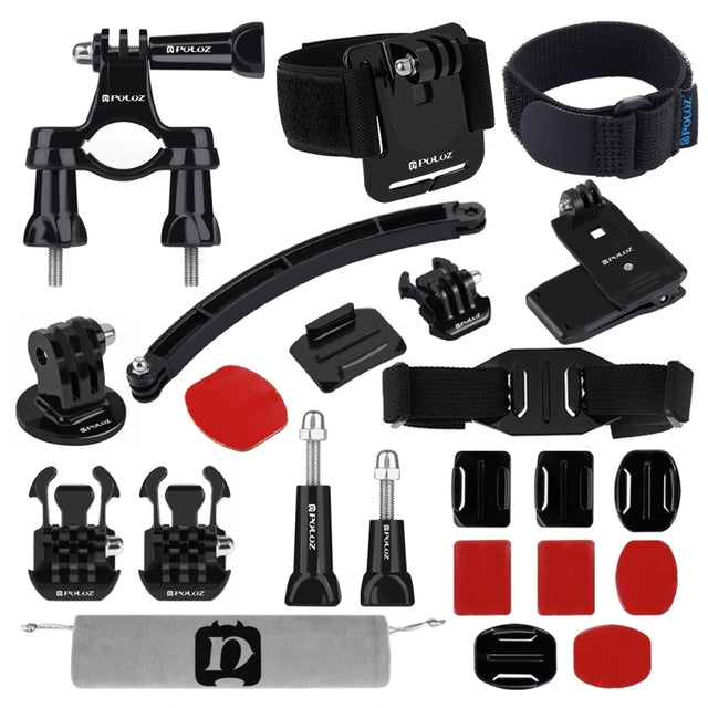 PULUZ 24 in 1 Bike Mount Accessories Combo Kits (Wrist Strap + Helmet Strap + Extension Arm + Quick Release Buckles + Surface Mounts + Adhesive Stickers + Tripod Adapter + Storage Bag + Handlebar Moun ...  for GoPro, Insta360, DJI and Other Action Cameras