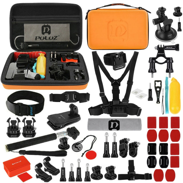 PULUZ 53 in 1 Accessories Total Ultimate Combo Kits with Orange EVA Case (Chest Strap + Suction Cup Mount + 3-Way Pivot Arms + J-Hook Buckle + Wrist Strap + Helmet Strap + Extendable Monopod + Surface ...  for GoPro, Insta360, DJI and Other Action Cameras