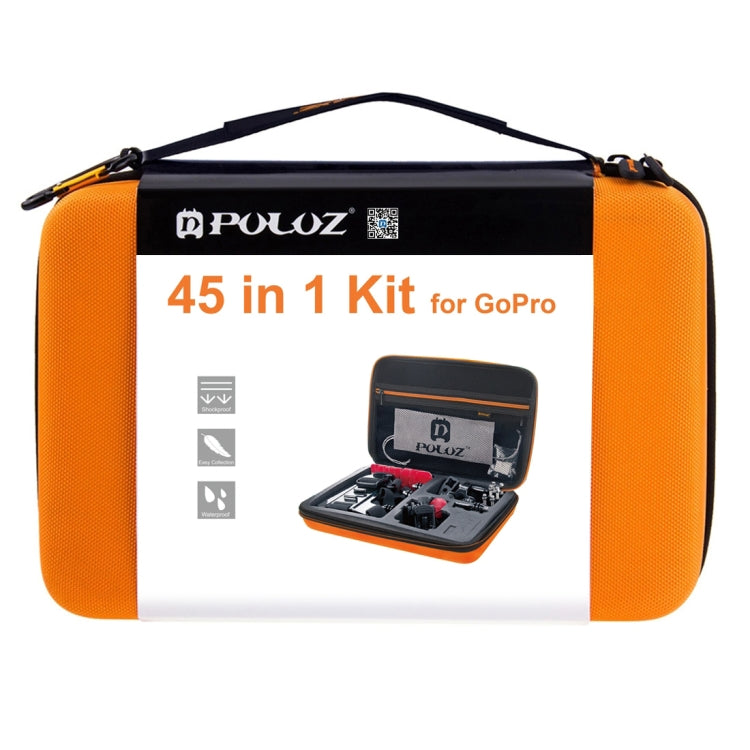 PULUZ 45 in 1 Accessories Ultimate Combo Kits with Orange EVA Case (Chest Strap + Suction Cup Mount + 3-Way Pivot Arms + J-Hook Buckle + Wrist Strap + Helmet Strap + Surface Mounts + Tripod Adapter +  ...  for GoPro, Insta360, DJI and Other Action Cameras