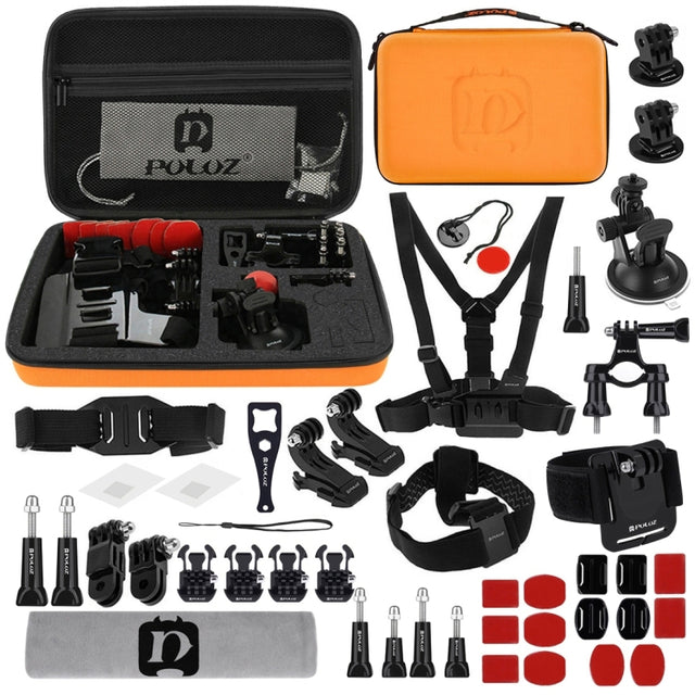 PULUZ 45 in 1 Accessories Ultimate Combo Kits with Orange EVA Case (Chest Strap + Suction Cup Mount + 3-Way Pivot Arms + J-Hook Buckle + Wrist Strap + Helmet Strap + Surface Mounts + Tripod Adapter +  ...  for GoPro, Insta360, DJI and Other Action Cameras