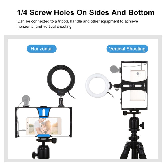 PULUZ 2 in 1 Vlogging Live Broadcast Smartphone Video Rig + 4.7 inch 12cm Ring LED Selfie Light Kits with Cold Shoe Tripod Head for iPhone, Galaxy, Huawei, Xiaomi, HTC, LG, Google, and Other Smartphones(Blue)