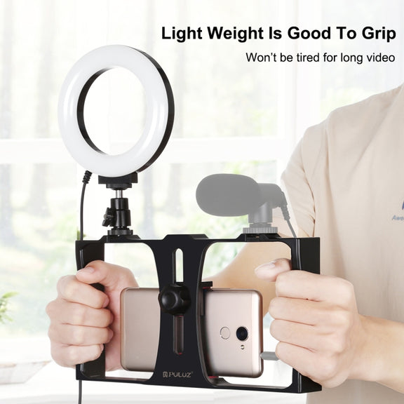 PULUZ 2 in 1 Vlogging Live Broadcast Smartphone Video Rig + 4.7 inch 12cm Ring LED Selfie Light Kits with Cold Shoe Tripod Head for iPhone, Galaxy, Huawei, Xiaomi, HTC, LG, Google, and Other Smartphones(Red)