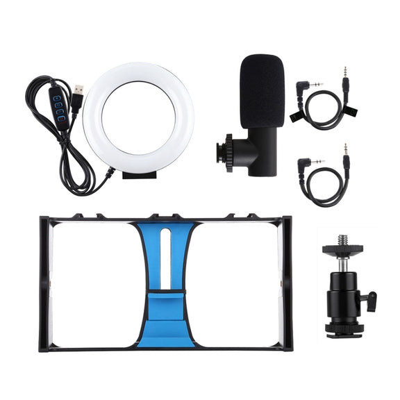 PULUZ 3 in 1 Vlogging Live Broadcast Smartphone Video Rig + Microphone +  4.7 inch 12cm Ring LED Selfie Light Kits with Cold Shoe Tripod Head for iPhone, Galaxy, Huawei, Xiaomi, HTC, LG, Google, and Other Smartphones(Blue)