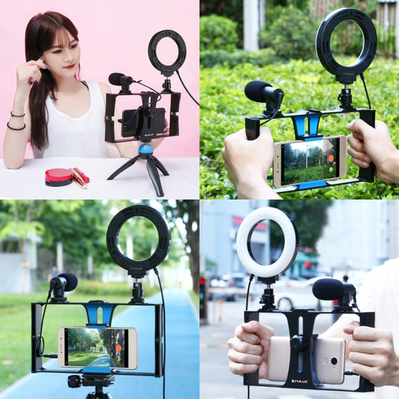 PULUZ 3 in 1 Vlogging Live Broadcast Smartphone Video Rig + Microphone +  4.7 inch 12cm Ring LED Selfie Light Kits with Cold Shoe Tripod Head for iPhone, Galaxy, Huawei, Xiaomi, HTC, LG, Google, and Other Smartphones(Blue)
