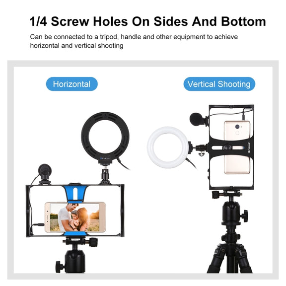 PULUZ 3 in 1 Vlogging Live Broadcast Smartphone Video Rig + Microphone +  4.7 inch 12cm Ring LED Selfie Light Kits with Cold Shoe Tripod Head for iPhone, Galaxy, Huawei, Xiaomi, HTC, LG, Google, and Other Smartphones(Blue)