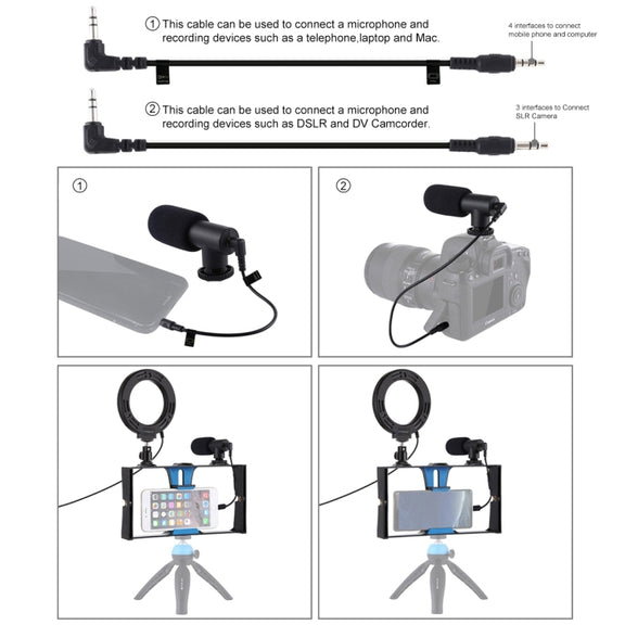 PULUZ 3 in 1 Vlogging Live Broadcast Smartphone Video Rig + Microphone +  4.7 inch 12cm Ring LED Selfie Light Kits with Cold Shoe Tripod Head for iPhone, Galaxy, Huawei, Xiaomi, HTC, LG, Google, and Other Smartphones(Blue)