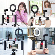 PULUZ 4 in 1 Vlogging Live Broadcast 4.7 inch 12cm Ring LED Selfie Light Smartphone Video Rig Handle Stabilizer Aluminum Bracket Kits with Microphone + Tripod Mount + Cold Shoe Tripod Head