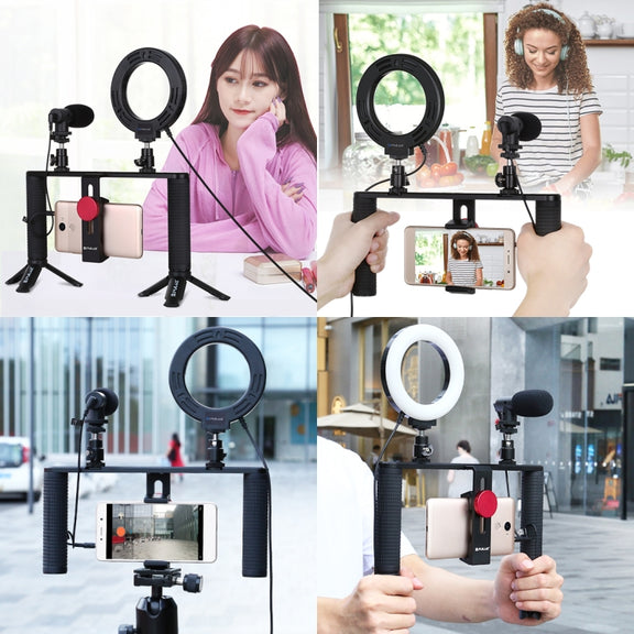PULUZ 4 in 1 Vlogging Live Broadcast 4.7 inch 12cm Ring LED Selfie Light Smartphone Video Rig Handle Stabilizer Aluminum Bracket Kits with Microphone + Tripod Mount + Cold Shoe Tripod Head