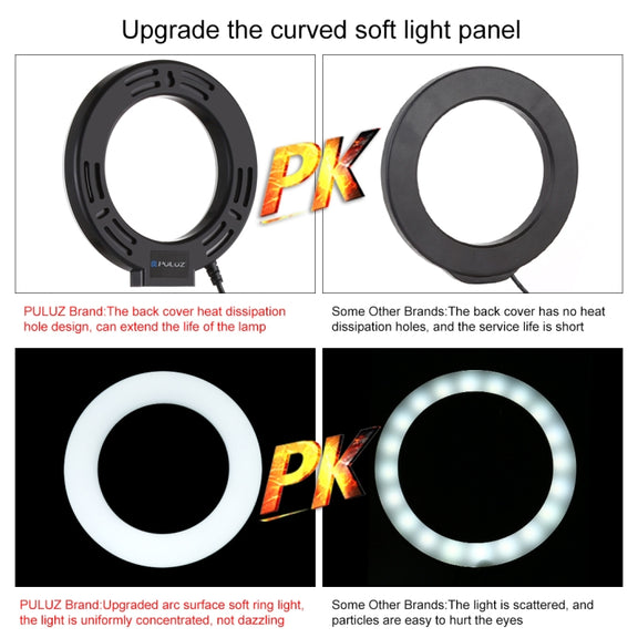 PULUZ 1.1m Tripod Mount + Live Broadcast Dual Phone Bracket + 6.2 inch 16cm LED Ring Vlogging Video Light Kits
