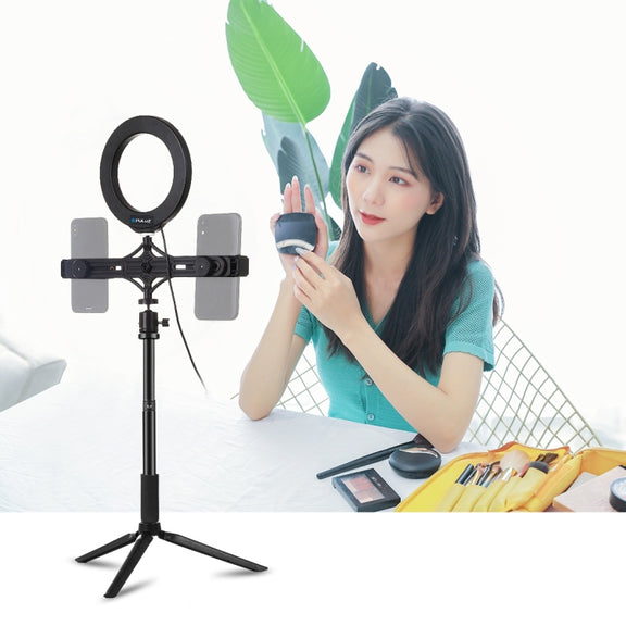 PULUZ Tripod Mount +  Extension Rod + Live Broadcast Dual Phone Bracket + 6.2 inch 16cm LED Ring Vlogging Video Light Kits
