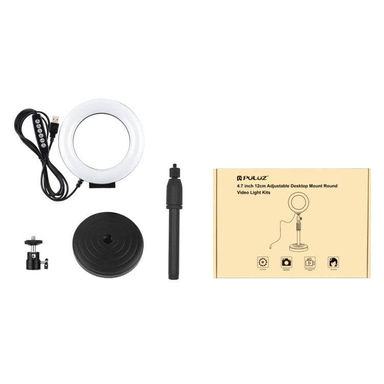 PULUZ 4.7 inch 12cm Curved Surface Ring Light + Round Base Desktop Mount USB 10 Modes 8 Colors RGBW Dimmable LED Ring Selfie Beauty Vlogging Photography Video Lights with Cold Shoe Tripod Ball Head(Black)