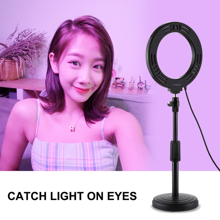 PULUZ 6.2 inch 16cm USB 10 Modes 8 Colors RGBW Dimmable LED Ring Vlogging Photography Video Lights + Round Base Desktop Mount with Cold Shoe Tripod Ball Head(Black)
