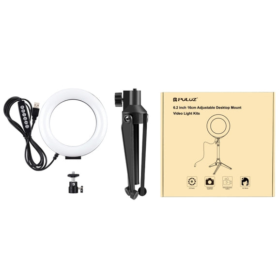 PULUZ 6.2 inch 16cm USB 10 Modes 8 Colors RGBW Dimmable LED Ring Vlogging Photography Video Lights + Desktop Tripod Mount with Cold Shoe Tripod Ball Head(Black)