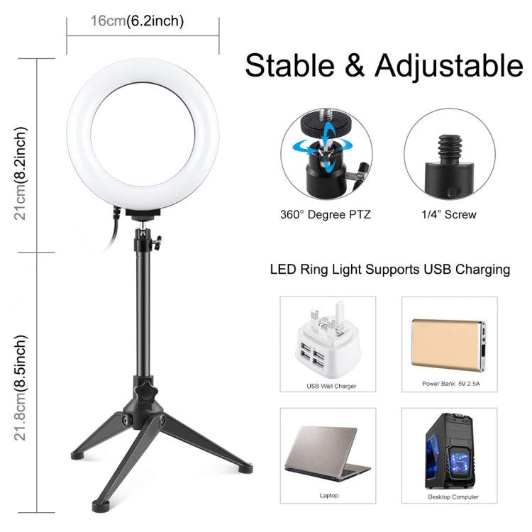 PULUZ 6.2 inch 16cm USB 10 Modes 8 Colors RGBW Dimmable LED Ring Vlogging Photography Video Lights + Desktop Tripod Mount with Cold Shoe Tripod Ball Head(Black)