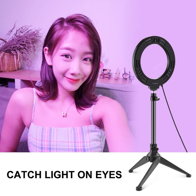 PULUZ 6.2 inch 16cm USB 10 Modes 8 Colors RGBW Dimmable LED Ring Vlogging Photography Video Lights + Desktop Tripod Mount with Cold Shoe Tripod Ball Head(Black)