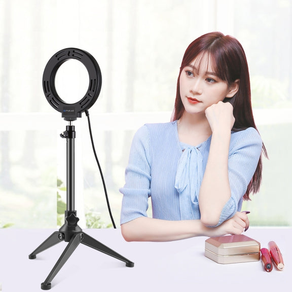 PULUZ 4.7 inch 12cm USB 10 Modes 8 Colors RGBW Dimmable LED Ring Vlogging Photography Video Lights + Desktop Tripod  Mount with Cold Shoe Tripod Ball Head(Black)