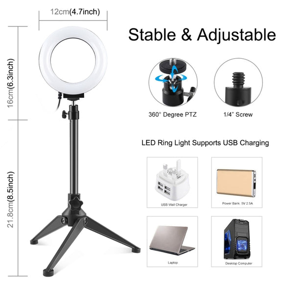 PULUZ 4.7 inch 12cm USB 10 Modes 8 Colors RGBW Dimmable LED Ring Vlogging Photography Video Lights + Desktop Tripod  Mount with Cold Shoe Tripod Ball Head(Black)