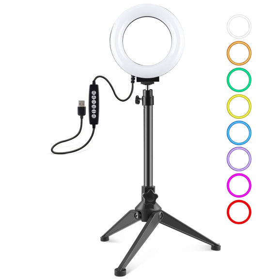 PULUZ 4.7 inch 12cm USB 10 Modes 8 Colors RGBW Dimmable LED Ring Vlogging Photography Video Lights + Desktop Tripod  Mount with Cold Shoe Tripod Ball Head(Black)