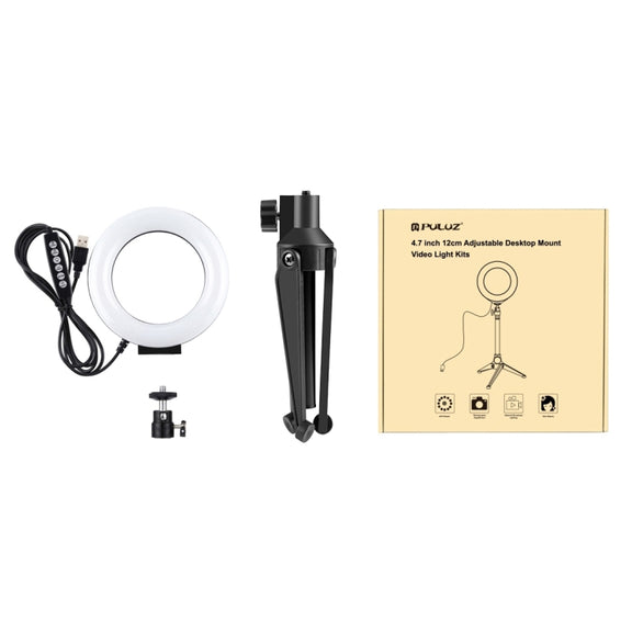 PULUZ 4.7 inch 12cm USB 10 Modes 8 Colors RGBW Dimmable LED Ring Vlogging Photography Video Lights + Desktop Tripod  Mount with Cold Shoe Tripod Ball Head(Black)