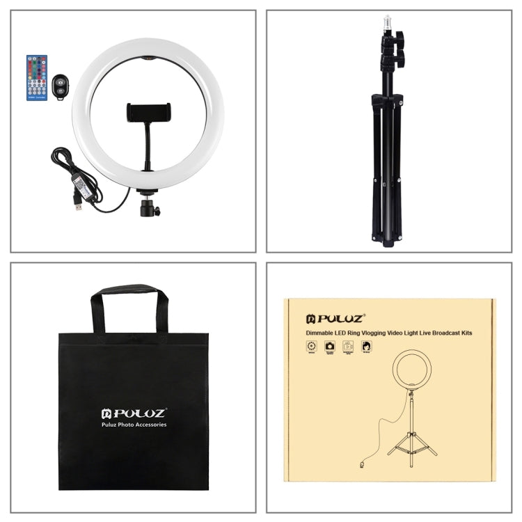 PULUZ 1.1m Tripod Mount + 10.2 inch 26cm Curved Surface RGBW LED Ring Vlogging Video Light  Live Broadcast Kits with Remote Control & Phone Clamp(Black)