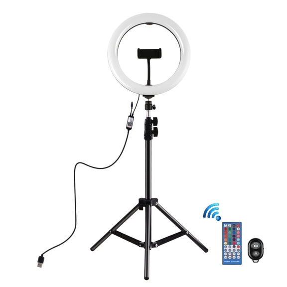PULUZ 1.1m Tripod Mount + 10.2 inch 26cm Curved Surface RGBW LED Ring Vlogging Video Light  Live Broadcast Kits with Remote Control & Phone Clamp(Black)